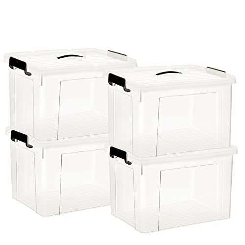 HOHAOO Kunststoff-Aufbewahrungsbox mit Deckel, 4 Stück, 40 l, transparent, stapelbar, Aufbewahrungsbehälter mit Verriegelungsschnallen und Deckeln für Zuhause und Büro von HOHAOO