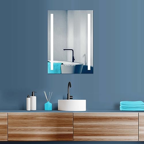 HOKO® LED Badspiegel 50x70 cm. Moderner Badezimmerspiegel mit Uhr. Design Bad Spiegel mit Beleuchtung und mit Touch Schalter + LED Lichtwechsel - Warmweiß - Kaltweiß - Neutral von HOKO