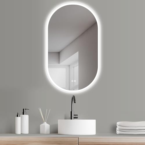 HOKO® Design ANTIBESCHLAG Badezimmer Spiegel oval 50 x 90 cm. HOCH + QUER Montage möglich. Großer LED Badspiegel ohne Rahmen. Mit 2 Touch Schalter + LED Licht Wechsel - Warmweiß - Kaltweiß - Neutral von HOKO