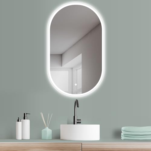 HOKO® LED Design Spiegel oval 45 x 75 cm. HOCH + QUER Montage möglich. Badspiegel LED beleuchtet, auch als Schminktisch Spiegel. + Touch Schalter + LED Licht Wechsel - Warmweiß - Kaltweiß - Neutral von HOKO