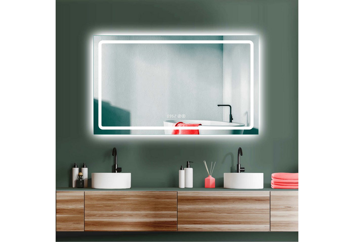 HOKO Badspiegel ANTIBESCHLAG großer LED Badspiegel 100x60 cm + Uhr + Lichtwechsel (Warmweiß - Kaltweiß - Neutral. Licht mit Touch Schalter und mit Wandschalter einschaltbar. Memory-Funktion.IP44, 5mm HD Glass) von HOKO