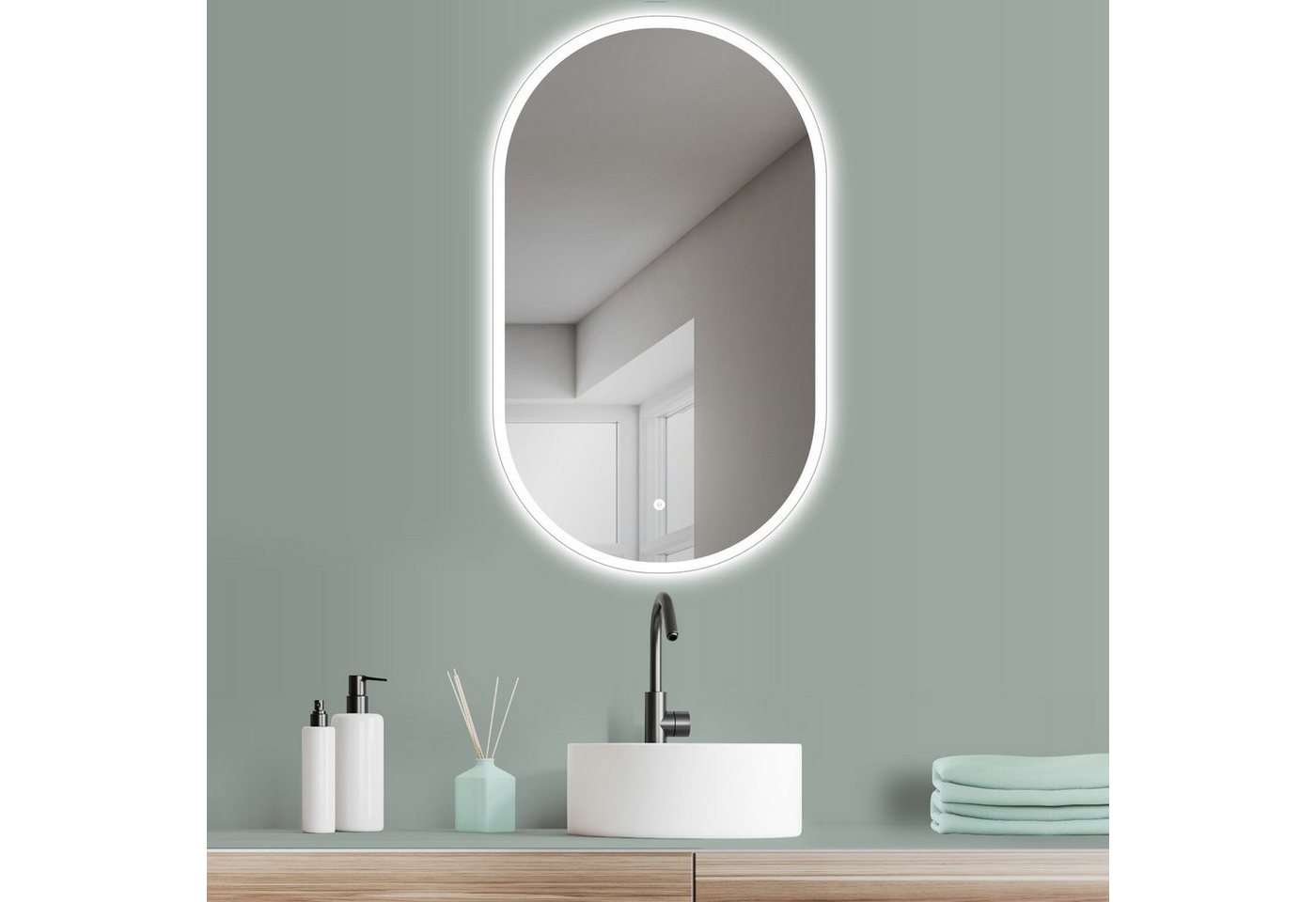 HOKO Badspiegel LED Design Wandspiegel Oval + LED Wechsel (Warmweiß - Kaltweiß - Neutral. Licht mit Touch Schalter und mit Wandschalter einschaltbar. Memory-Funktion.IP44, 5mm HD Glass) von HOKO