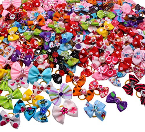 HOLLIHI 50 PCS Liebenswürdig, Ripsband Pet Hund Haar Bögen mit elastischen Gummibändern - Doggy Kitty Bowknots Hauben-Pflege Zubehör-Set für langes Haar Puppy Katze von HOLLIHI