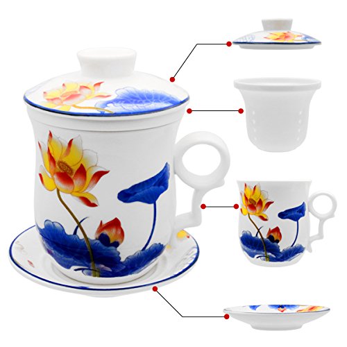 HOLLIHI Porzellan-Teetasse mit Deckel und Untertasse – Chinesische Jingdezhen-Keramik-Kaffeetasse, Teetasse für lose Teeblätter, Brausystem für Zuhause und Büro von HOLLIHI
