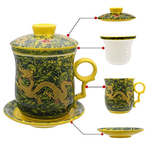 HOLLIHI Porzellan-Teetasse mit Deckel und Untertasse – Chinesische Jingdezhen-Keramik-Kaffeetasse, Teetasse für lose Teeblätter, Brausystem für Zuhause und Büro von HOLLIHI