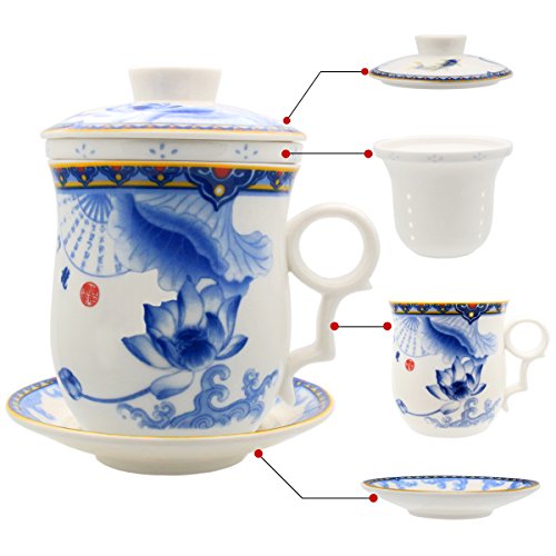Hollihi Porzellan Teetasse mit Deckel und Untersetzer und Innensieb - Chinesische Jingdezhen-Keramik-Kaffeetasse, Teetasse Teezubereitung mit losen Blättern für das Heimbüro von HOLLIHI