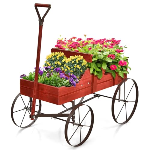 HOMASIS Pflanzwagen aus Holz für Pflanzen, Schubkarre mit Metallrädern und 2 Fächern, Blumentopf in Form eines Einrads, dekorativer Blumentopf für Garten, Terrasse, Terrasse, Terrasse, 63 x 35 x 62,5 von HOMASIS