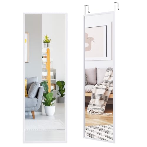 HOMASIS Wandspiegel groß 35,5x108cm, Spiegel mit 2 Haken höhenverstellbar, Ganzkörperspiegel aus Bruchsicherem Glas, Türspiegel mit Metallrahmen, für Schlafzimmer, Wohnzimmer & Flur (Weiß) von HOMASIS
