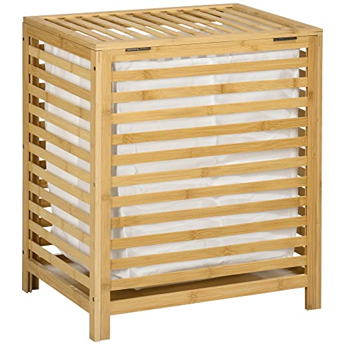 HOMCOM Wäschekorb aus Bambus mit abnehmbarem Stoffbeutel und Deckel, Maße: 50 x 36 x 60 cm, natürliches Holz von HOMCOM