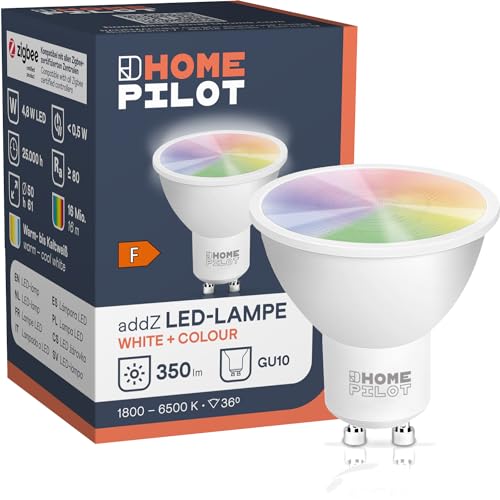 HOMEPILOT addZ GU10 White + Colour LED Lampe, ZigBee 3.0 Smart Home Leuchtmittel (Alexa, Google Assistant uvm. kompatibel), 4,8W, 350lm, 36°, RGBW mehrfarbig, Kaltweiß bis Warmweiß (dimmbar via App) von HOMEPILOT