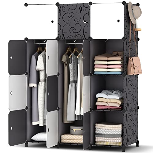 HOMIDEC Kleiderschrank, Tragbarer Regalsystem, 12 Würfel Schrank aus Kunststoff mit 2 Kleiderstange, Schlafzimmerschrank kleiderschrank Weiss für Schlafzimmer, 146 x 107 x 45cm von HOMIDEC