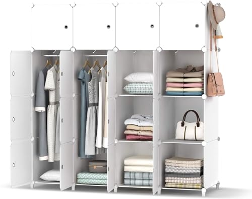 HOMIDEC Kleiderschrank, Tragbarer Regalsystem, 16 Würfel Schrank aus Kunststoff mit 3 Kleiderstange, Schlafzimmerschrank kleiderschrank Weiss für Schlafzimmer (Ganz Weiß) von HOMIDEC