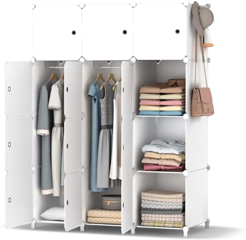 HOMIDEC Kleiderschrank, Tragbarer Regalsystem,12 Würfel Schrank aus Kunststoff mit 3 Kleiderstange, Schlafzimmerschrank kleiderschrank Weiss für Schlafzimmer (Ganz Weiß) von HOMIDEC
