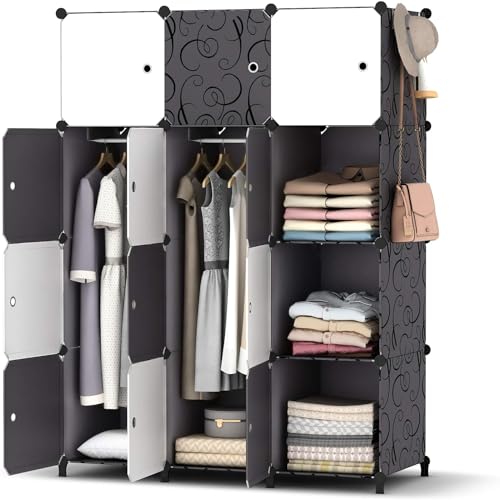 HOMIDEC Kleiderschrank, Tragbarer Regalsystem,12 Würfel Schrank aus Kunststoff mit 3 Kleiderstange, Schlafzimmerschrank kleiderschrank Weiss für Schlafzimmer (Weiß&schwarz) von HOMIDEC