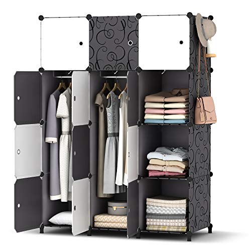 HOMIDEC Kleiderschrank, Tragbarer Regalsystem,12 Würfel Schrank aus Kunststoff mit 3 Kleiderstange, Schlafzimmerschrank kleiderschrank Weiss für Schlafzimmer von HOMIDEC