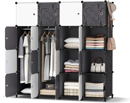 HOMIDEC Kleiderschrank, Tragbarer Regalsystem Schrank Schlafzimmer, 16 Würfel Schrank aus Kunststoff mit 3 Kleiderstange, Schlaf zimmerschrank (Weiß&schwarz) von HOMIDEC