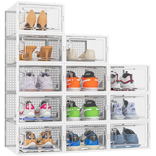 HOMIDEC Schuhboxen, 12er Pack Schuhboxen Stapelbar, Schuhorganizer Schuhaufbewahrung, Schuhkarton mit Deckel für Schuhe bis Größe 45, Weiß von HOMIDEC