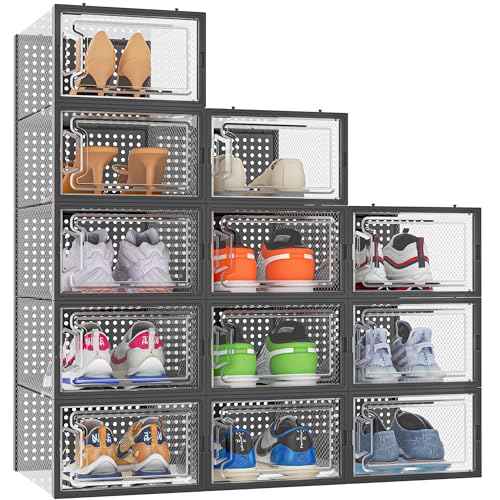 HOMIDEC Schuhboxen, 12er Pack Schuhboxen Stapelbar Transparent, Schuhorganizer Schuhaufbewahrung, Schuhkarton mit Deckel für Schuhe bis Größe 45, Schwarz von HOMIDEC