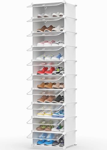 HOMIDEC Schuhregal, 10 Ebenen Schuhschrank Kunststoff-Schuhregale Organizer für Schrank Flur Schlafzimmer Eingang, Weiß & Transparent von HOMIDEC