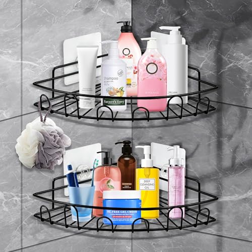 HOMJOY 2 Stück Duschablage ohne Bohren, fächerförmiges Eckregal, selbstklebend, Haken-Design, rostfreier Organizer für Shampoo und Duschgel, Schwarz von HOMJOY