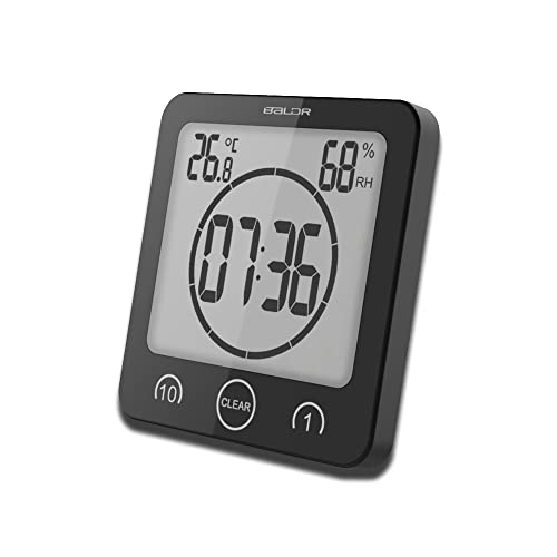 HONPHIER Dusche Uhr Badezimmer Uhr Digital Große Anzeige Touchscreen Timer mit Temperatur Luftfeuchtigkeit Display für Badezimmer Dusche Küche (Schwarz) von HONPHIER