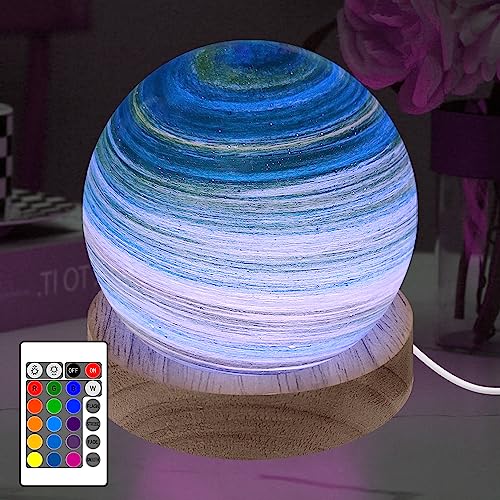 HONPHIER Planeten Lampe Glaskugel Nachtlicht 16 Farben RGB Dimmbar Stimmungslicht USB Astronomische Licht mit Fernbedienung, Holzsockel, Dekoration für Heim, Familie Freund Geschenke, 8 CM von HONPHIER