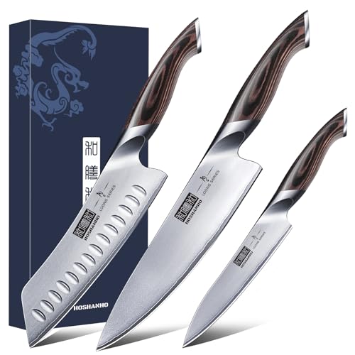 HOSHANHO Messerset 3 teilig, Küchenmesser set aus Edelstahl, Messer Kochmesser Set Professionelles mit Kochmesser, Santoku Messer, Utility Messer von HOSHANHO