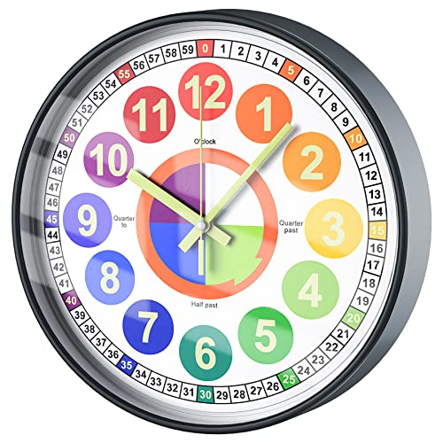 HOSTON Kinder Wanduhr, lernende Uhr für Kinder, die Zeit für Jungen Mädchen 12 Zoll leuchtende Wanduhr für Kinderzimmer, Klassenzimmer, Spielzimmer, Schule(Grau) von HOSTON
