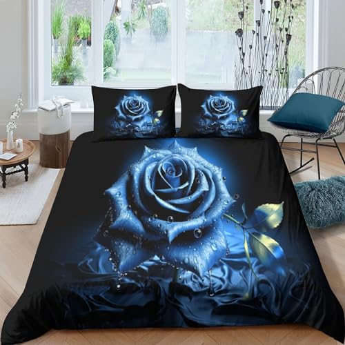 HOTGE 3D Blaue Rosen Bettwäsche Set Bettbezug Set Blume Betten Set Für Kinder Mädchen Jungen 3 Stück Ultraweiche Mikrofaser Bettdecken Set King（220x240cm） von HOTGE