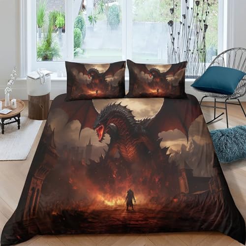 HOTGE Bedding 3D Böser Drache Bettbezug,Mikrofaser,Kissenbezug, Feuer Bettdecken, Set Bettwäsche Mit Reißverschluss Dekoration Für Jungen- Und Mädchenzimmer Double（200x200cm） von HOTGE