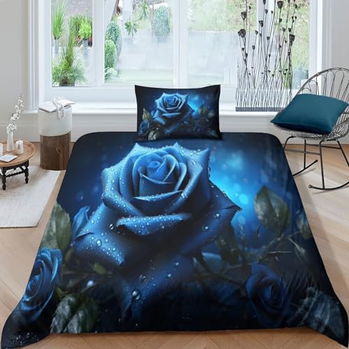 HOTGE Bettwäsche 3D Blaue Rosen Betten Set Bettwäsche Set 3 Teilig Bettbezüge Mikrofaser Bettbezug Mit Reißverschluss Und Kissenbezug Geeignet Für Senioren, Kinder Single（135x200cm） von HOTGE