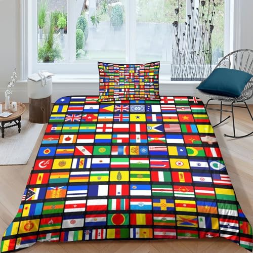 HOTGE Flaggen Länder Welt Bettwäsche Single（135x200cm） 3D Motiv Patchwork Bettbezug Set Blätter Kinder Microfaser Bettbezüge Und Kissenbezüge Mit Reißverschluss von HOTGE