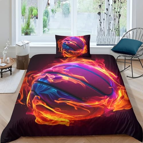 HOTGE Flammender Basketball Bedding 3D Sport-Themen Bettbezug Kissenbezug,Weich Mikrofaser, Bettbezug Set Bettwäsche Mit Reißverschluss Geeignet Für Kinder, Jungen Und Mädchen Single（135x200cm） von HOTGE