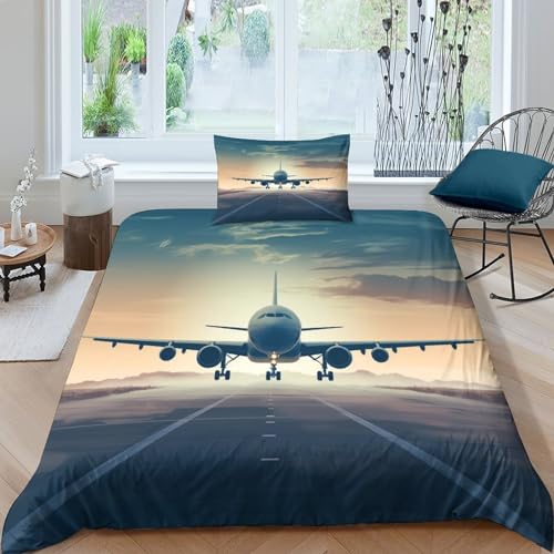 HOTGE Flugzeuge 3D Print Betten Set Flugzeuge Bettwäsche Set Microfaser Qualität Luxus Modern Bettbezug Mit Kissenbezug 2 Teilig,Dekoration Für Jungen- Und Mädchenzimmer Single（135x200cm） von HOTGE