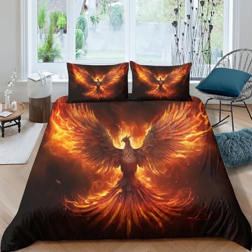 HOTGE Phönix Bettbezug Mikrofaser Bettwäsche Set 3D Feuervogel Druck Bettdecke Quilt Cover&Pillowcase Mit Reißverschluss Winter Weich Für Männer Frau Kinder Double（200x200cm） von HOTGE