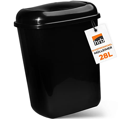 HRB Mülleimer 28L schwarz glänzend mit Schwingdeckel, Tonne aus Hartplastik, Küche, Futtertonne (28 Liter) von HRB