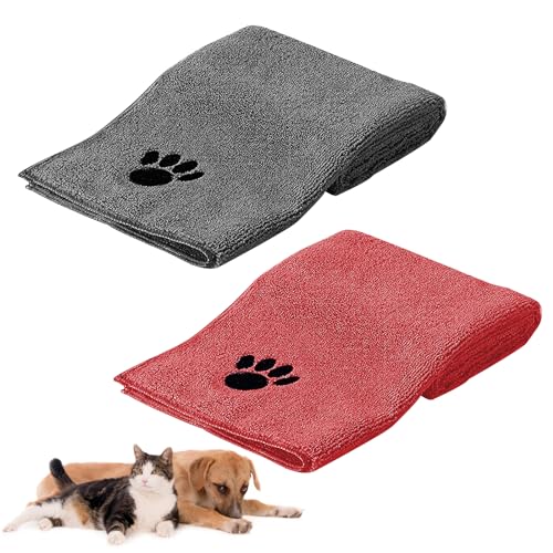 HRILKAOD Hundehandtuch 75 x 35 cm, 2 Stück Microfaser Handtücher für Hunde Katzen, Hundehandtuch Extra Saugfähig für Katzen Kuschelweich, Schnell Trocknend, Maschinenwaschbar - Grau+Rot von HRILKAOD