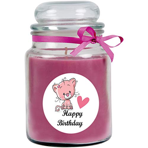 HS Candle Duftkerze im Glas - Happy Birthday Bonbon groß - Duft: Lavendel - Design: Katze von HS Candle