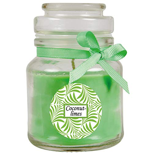 HS Candle Duftkerze mit Schriftzug Coconut-Limes im Bonbon Glas, 120g Wachs - Brenndauer ca.: 30 Stunden, Kerze im Glas in Geschenkverpackung von HS Candle