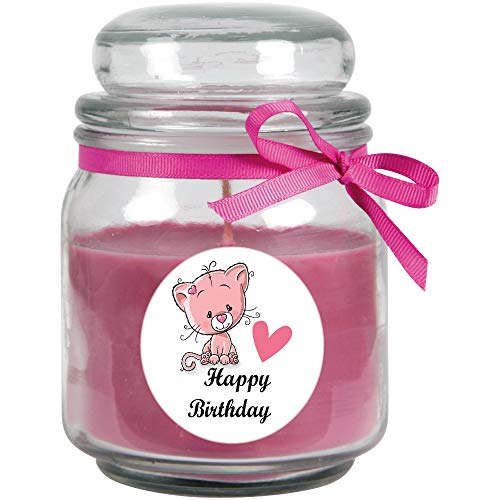 HS Candle Geburtstagskerze mit Duft im Bonbonglas "Happy Birthday", Duft: Lavendel (Lila), 300g - Brennd. bis zu 70h, Kerze aus Glas mit Duft von HS Candle