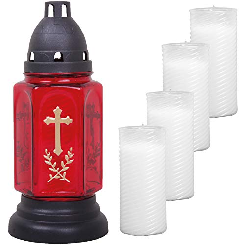 HS Candle Grableuchte aus Glas (24cm) mit Kreuz inkl. 5 Nachfüllkerzen - Design Buena rot von HS Candle