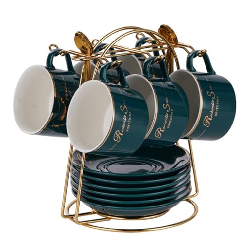 HSTWODE-cappuccino tassen set Tassen & Untertassen von 6 (200 ml), Luxus-Teetasse Set mit goldenen Trimm, Kaffeetasse mit Henkel, britischer Königlicher Porzellan Tassen (Brillantblau) von HSTWODE