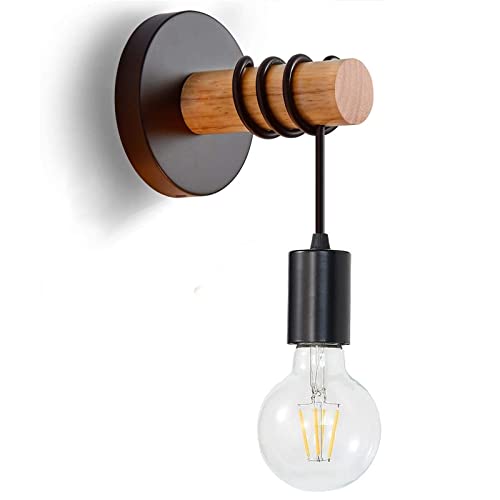 HTRUIYATY Industrial Holz Wandleuchte Innen E27 Vintage Wandlampe aus Eisen und Holz für Treppenhaus Flur Cafe Bar Restaurant Schwarz (Ohne Leuchtmittel) von HTRUIYATY