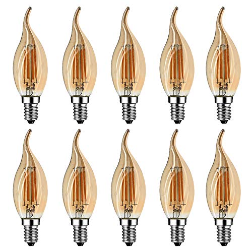 HUAMu 10 Stück C35 4W Retro Non Dimmbar Glühfaden LED Kerze Lampe, 2700K Warmweiß 400 Lumen, Ersatz für 40W Glühlampen, E14 Fassung, Flamme Form, Vergoldet Glas, 360° Abstrahlwinkel von HUAMu