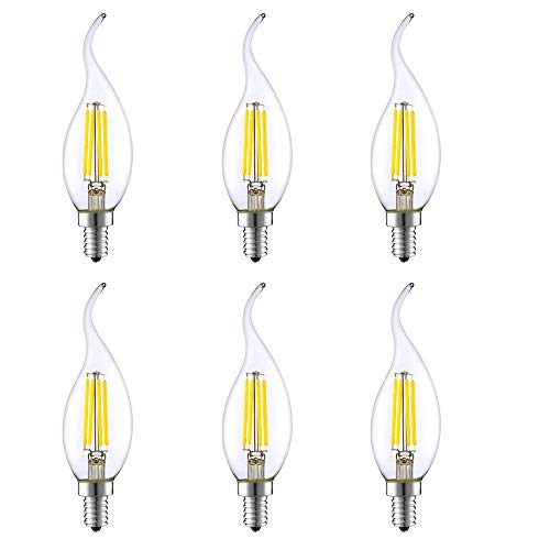 HUAMu LED-Glühbirne, E14 Flamme Spitze, Kerzenform, 4 W, 400 lm, entspricht 40 W Glühbirnen, kleine Edison-Schraube, klar, nicht dimmbar, 6500 K Kaltweiß, 6 Stück von HUAMu