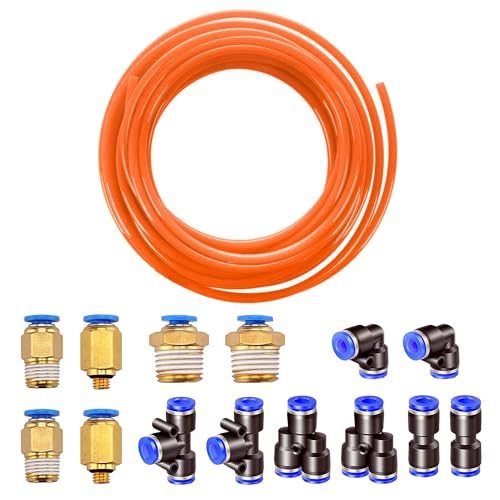 HUAZIZ 10M PU Pneumatikschlauch Pneumatic Polyurethane Schlauch Flexibel Druckluftschlauch Außen 4 mm x Innen 2,5 mm Orange, mit 8 Stück Pneumatikverbinder Air Push-Schnellkupplungen (Y/T/L/I förmig) von HUAZIZ