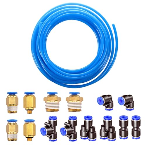 HUAZIZ 10M PU Pneumatikschlauch Pneumatic Polyurethane Schlauch Flexibel Druckluftschlauch Außen 4mm x Innen 2,5mm Blau, mit 8 Stück Pneumatikverbinder Air Push-Schnellkupplungen (Y/T/L/I förmig) von HUAZIZ