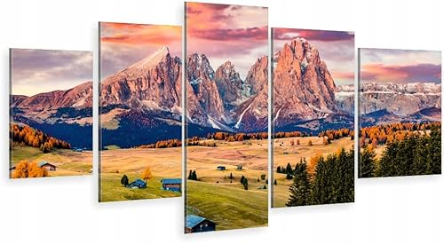 HUBDECO 5-Teiliges Leinwand Bild Wohnzimmer - Bilder, Poster, Kunstdrucke - Leinwandbild - Bild auf Leinwand - Tolle Zimmerdekoration - Schlafzimmer Bilder - 158x90 cm - Dolomiten Berge von HUBDECO