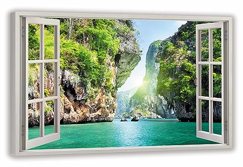 HUBDECO Leinwandbild Fensterblick Exotisches Thailand Bild 120x80 cm - Landschaftsbilder auf Leinwand - Wandbilder Wohnzimmer - Bild Fenster mit Ausblick - Aesthetic Room Decor - Wanddeko Schlafzimmer von HUBDECO