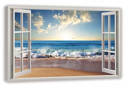 HUBDECO Leinwandbild Fensterblick Strandbild Bild 120x80 cm - Landschaftsbilder auf Leinwand - Wandbilder Wohnzimmer - Bild Fenster mit Ausblick - Aesthetic Room Decor - Wanddeko Schlafzimmer von HUBDECO